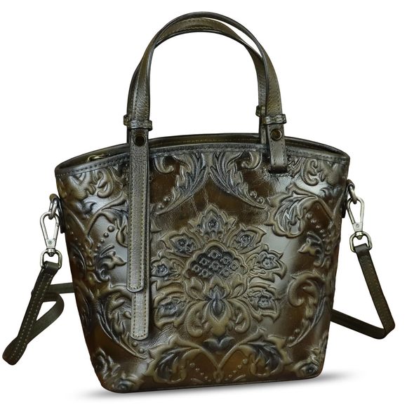 Genuine Leather Satchel Purse Embossed Leather Top Handle Handbag o_o - Picture 1 of 7